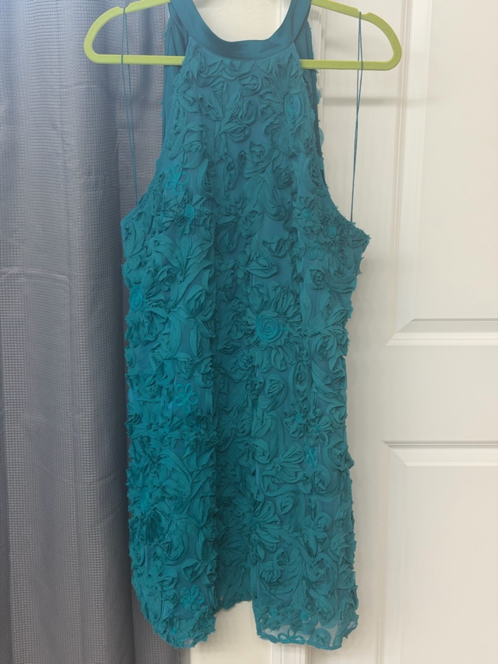 Adrianna Papell Teal Floral Appliqué Halter Mini Dress